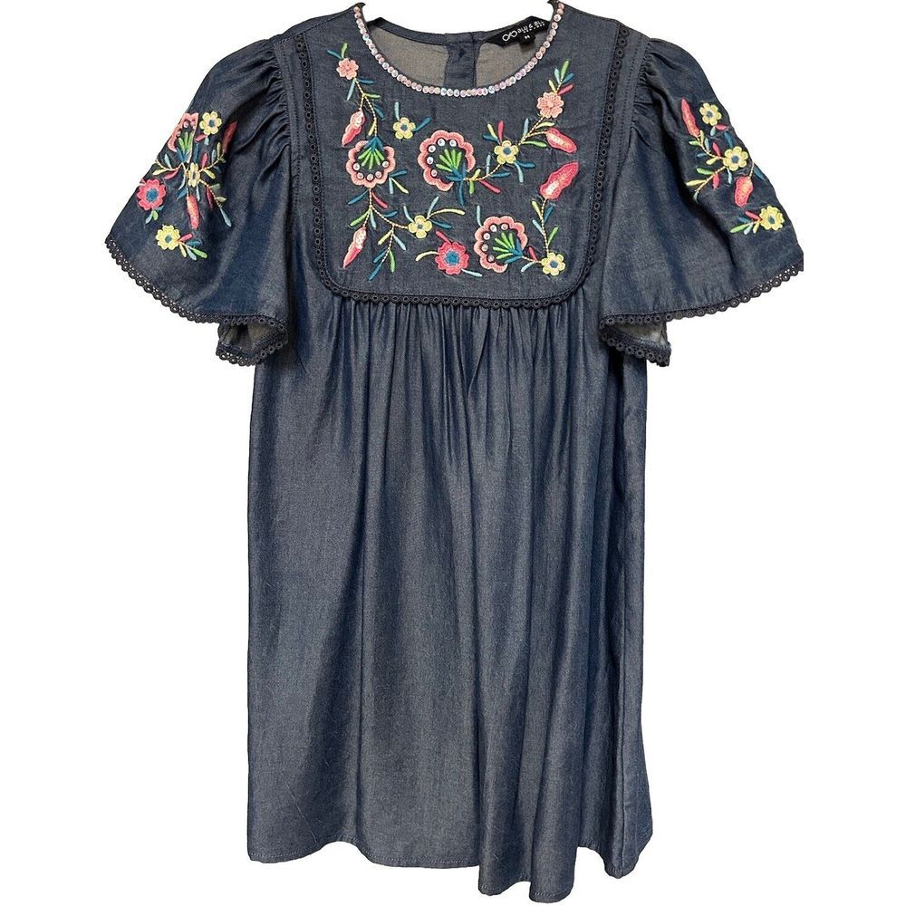 Blu And‎ Blue New York Girls Denim Embroidered & Bead Dress Size M 7-8 Beautiful